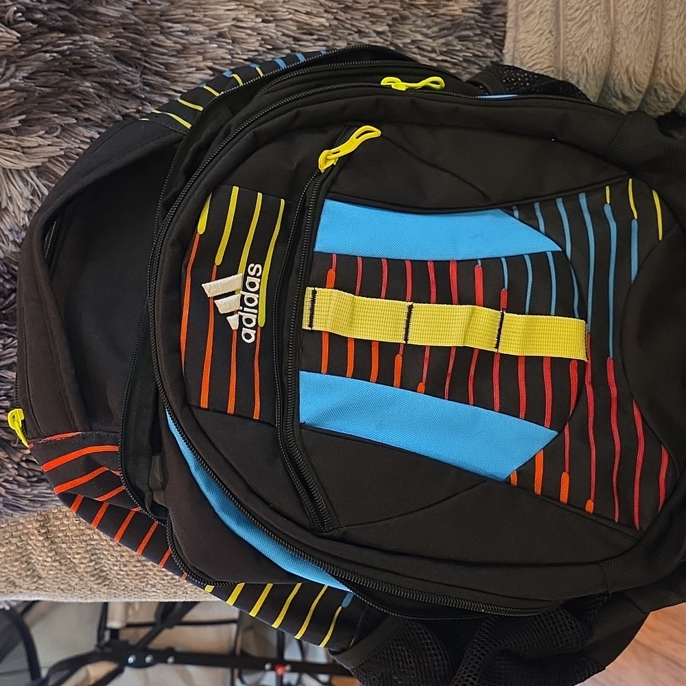ADIDAS  Black Backpack with Blue Panels and Neon Yellow Accents